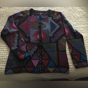 Alpaca Sweater with beautiful border details and buttons. Handcrafted in Peru.